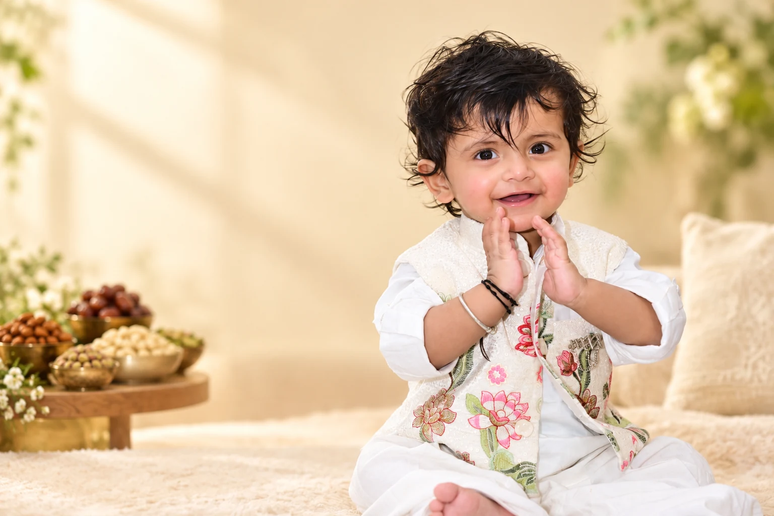 A happy baby looking directly at the viewer in a warm, softly styled setting with premium dry fruits nearby
